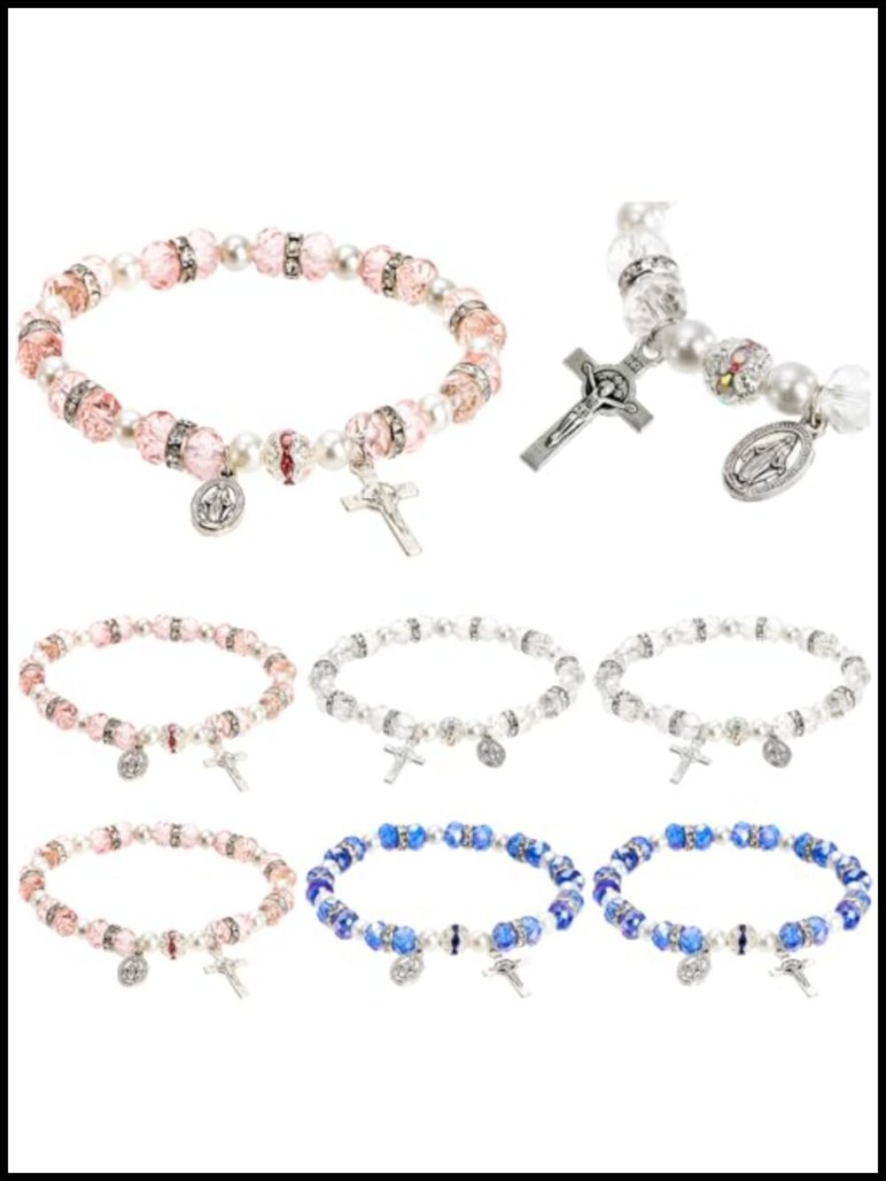 6 Pack Women's Stretch Rosary Bracelets Acrylic Bead Cross Crucifix & Medal